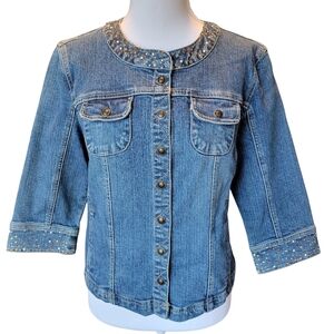 Vintage 90s Y2K Live A Little Embellished Bedazzled Trim Jean Jacket
